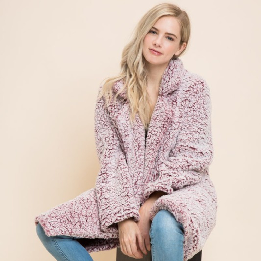 *ONLY 1 LEFT*  2-toned Super Soft Sherpa Coat-Wine - Picture 3 of 7